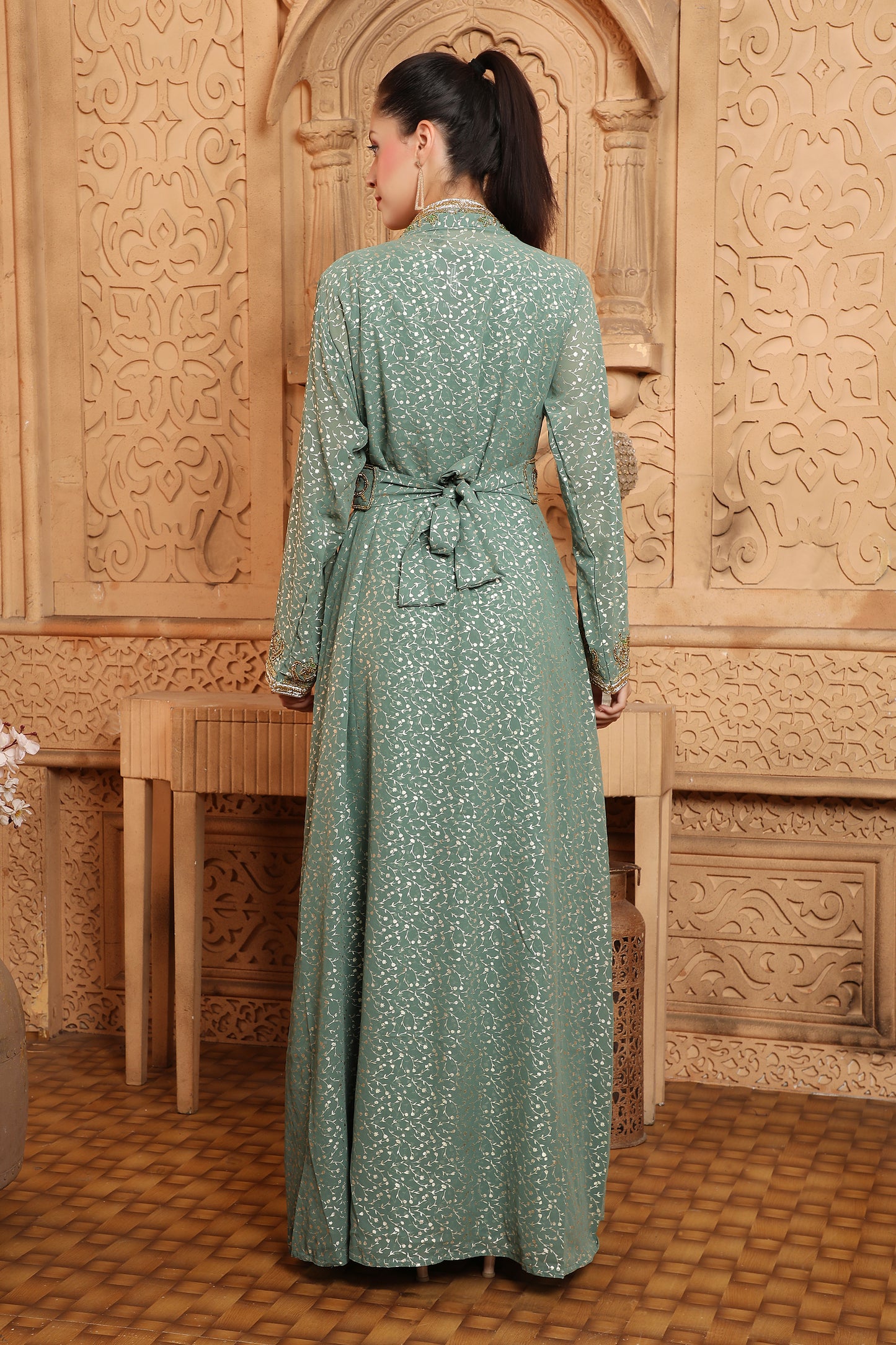 Women's Ethnic Embroidery Abaya Light Green Dress