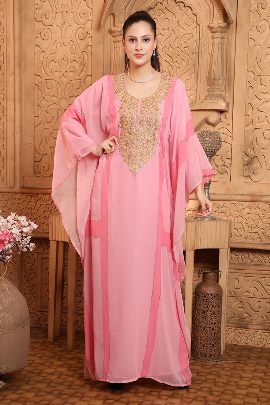 Peach Moroccan Islamic Dubai Kaftan Farasha Zari And Stone Work Dress