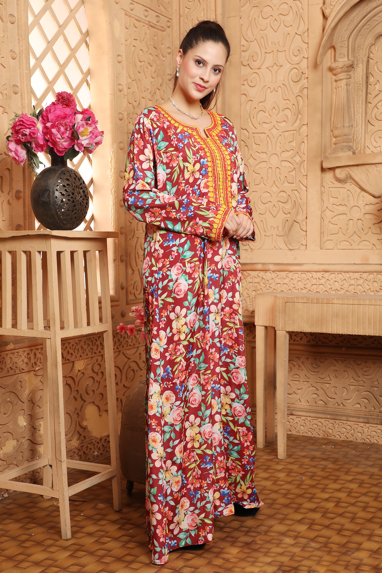 Ramadan Vestidos Ethnic Floral Print Kaftan Islamic Gown