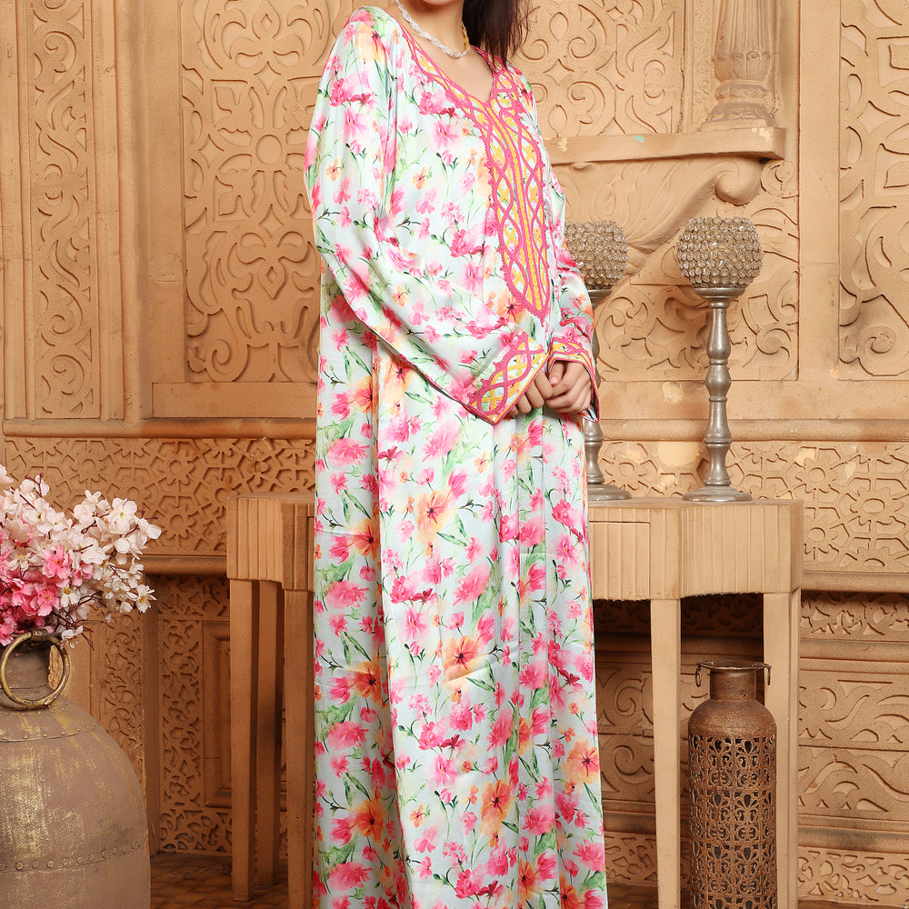 
                  
                    Floral Printed Jalabiya with Dori Threadwork Embroidery
                  
                