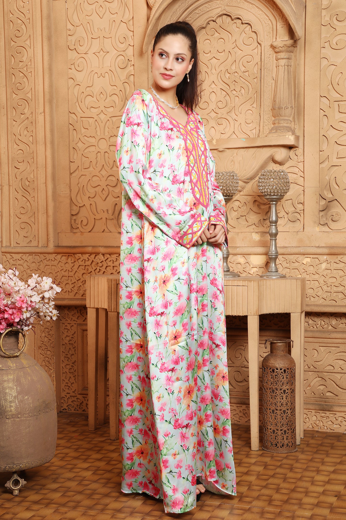 Floral Printed Jalabiya with Dori Threadwork Embroidery