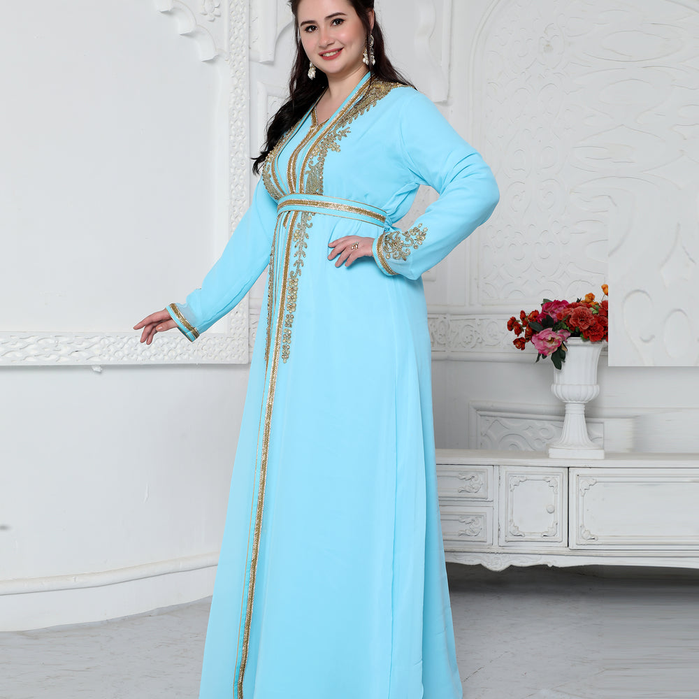 Sky Blue Kaftan In Gold Bling Embroidery