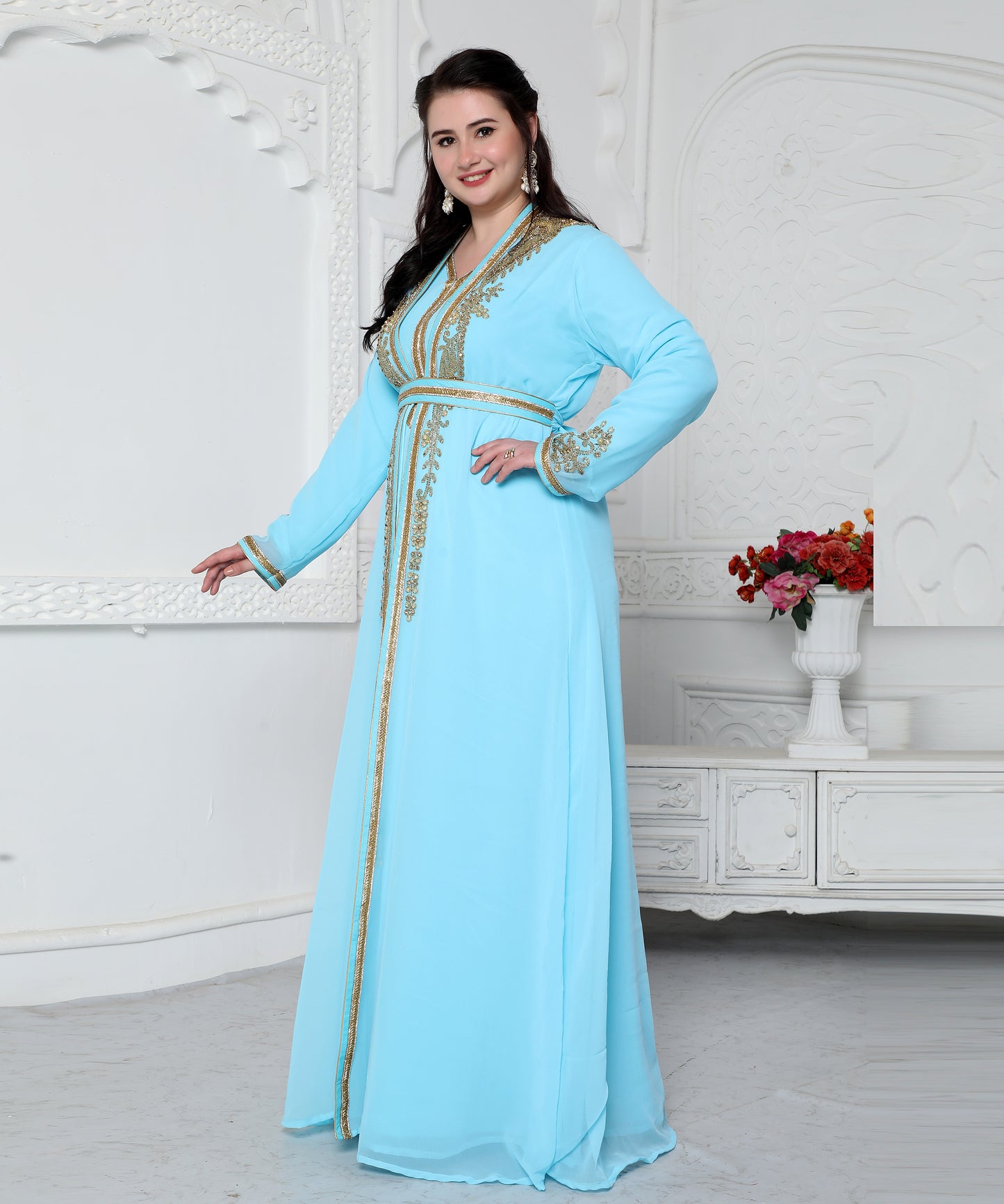 Sky Blue Kaftan In Gold Bling Embroidery