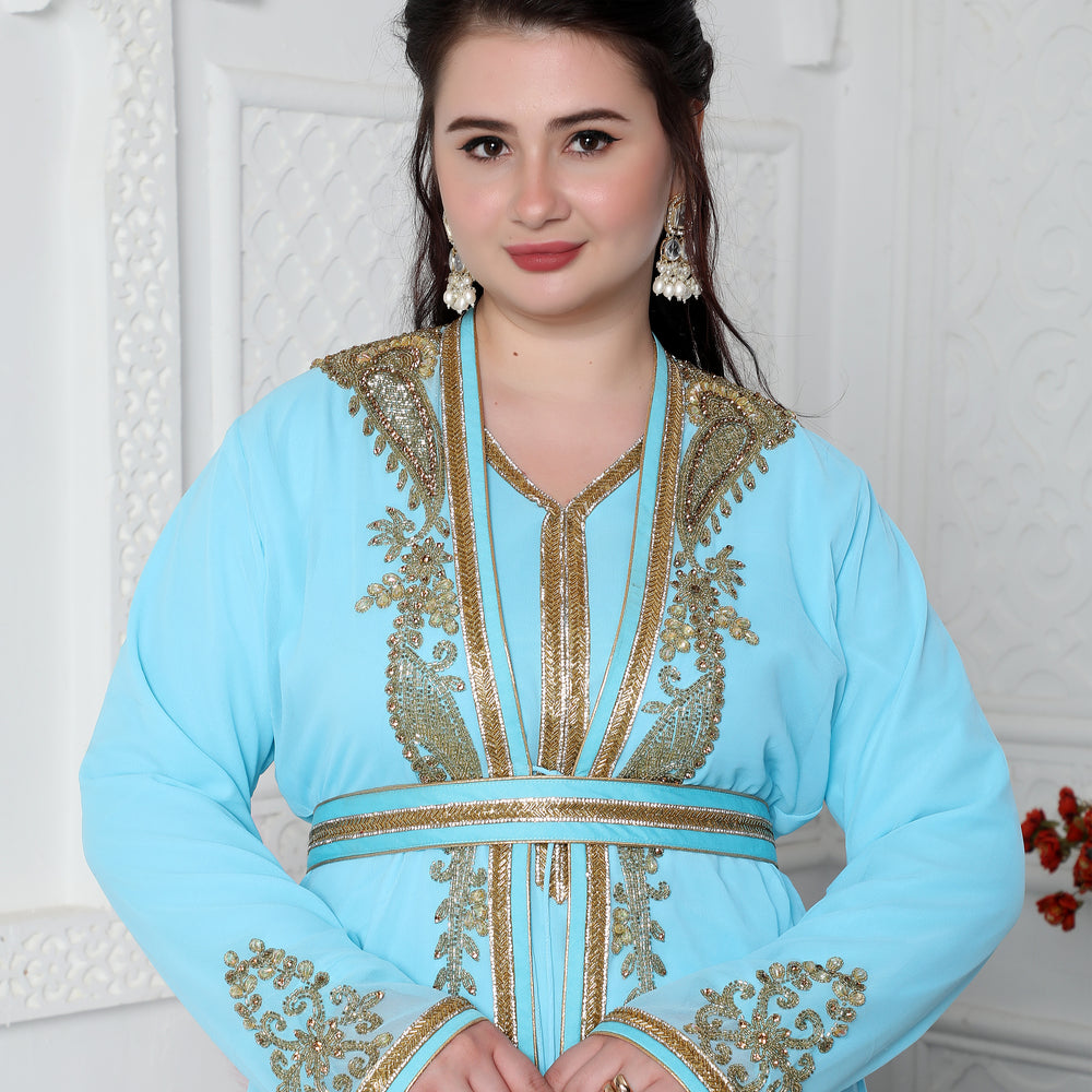 
                  
                    Sky Blue Kaftan In Gold Bling Embroidery
                  
                