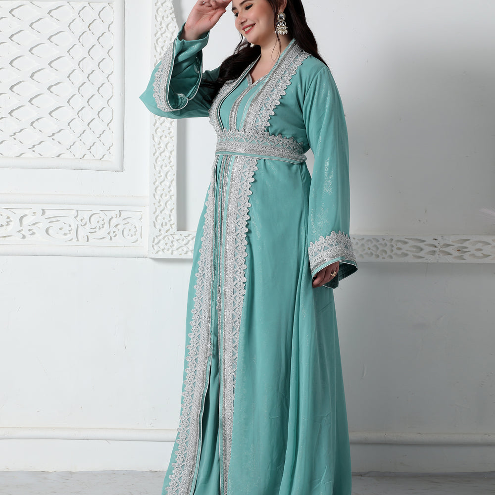 Moroccan Lace Jalabiya In Silver Embossed Foil Print