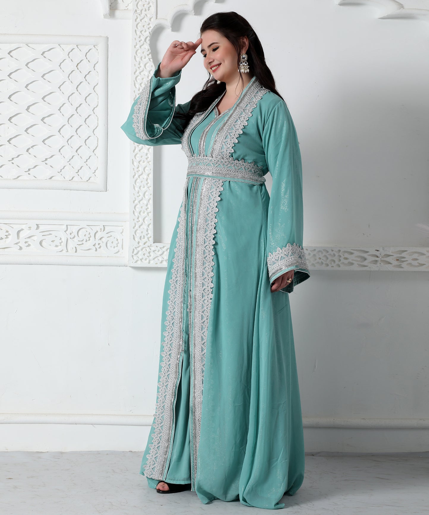 Moroccan Lace Jalabiya In Silver Embossed Foil Print