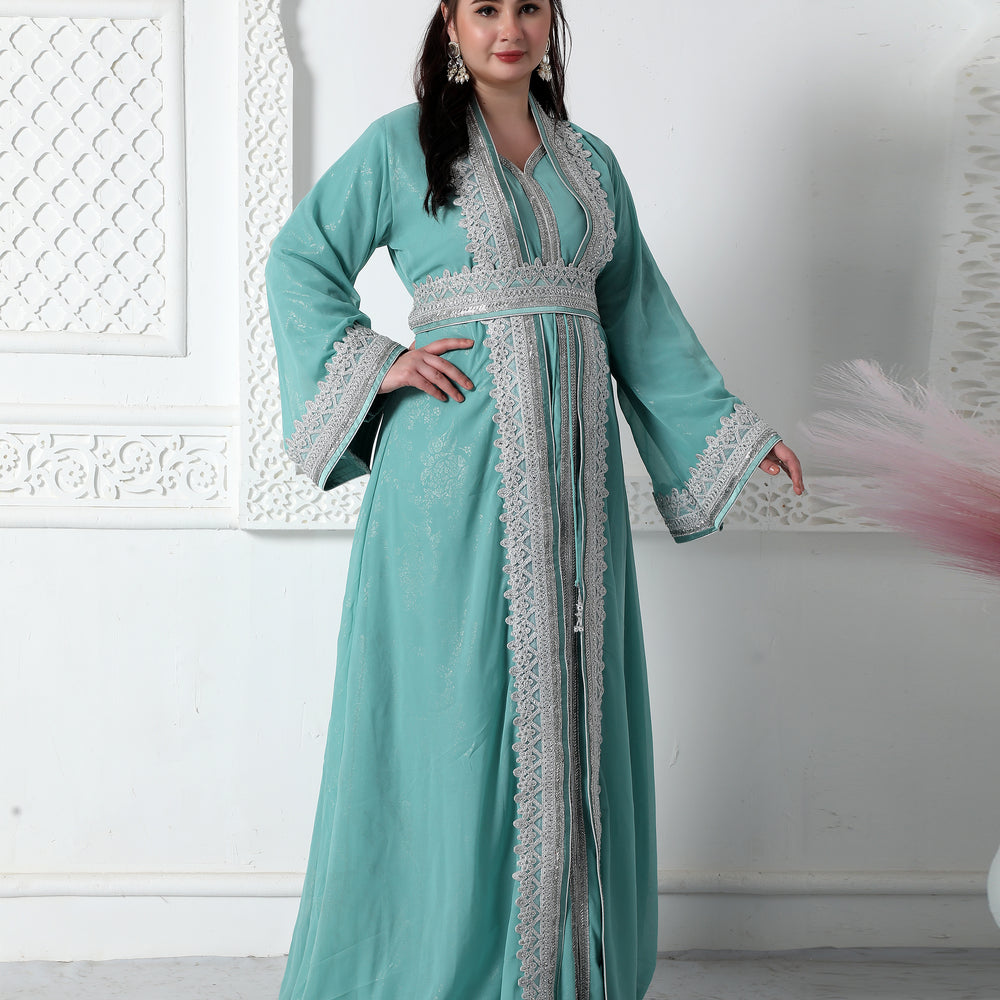 Moroccan Lace Jalabiya In Silver Embossed Foil Print