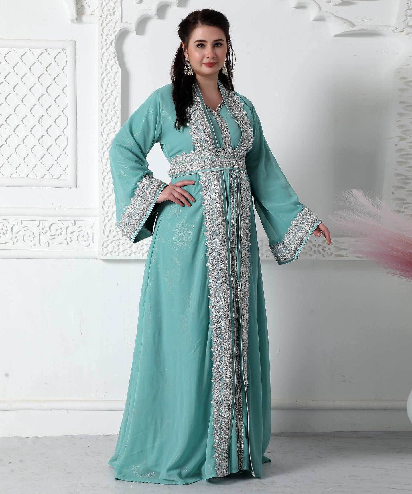 Moroccan Lace Jalabiya In Silver Embossed Foil Print