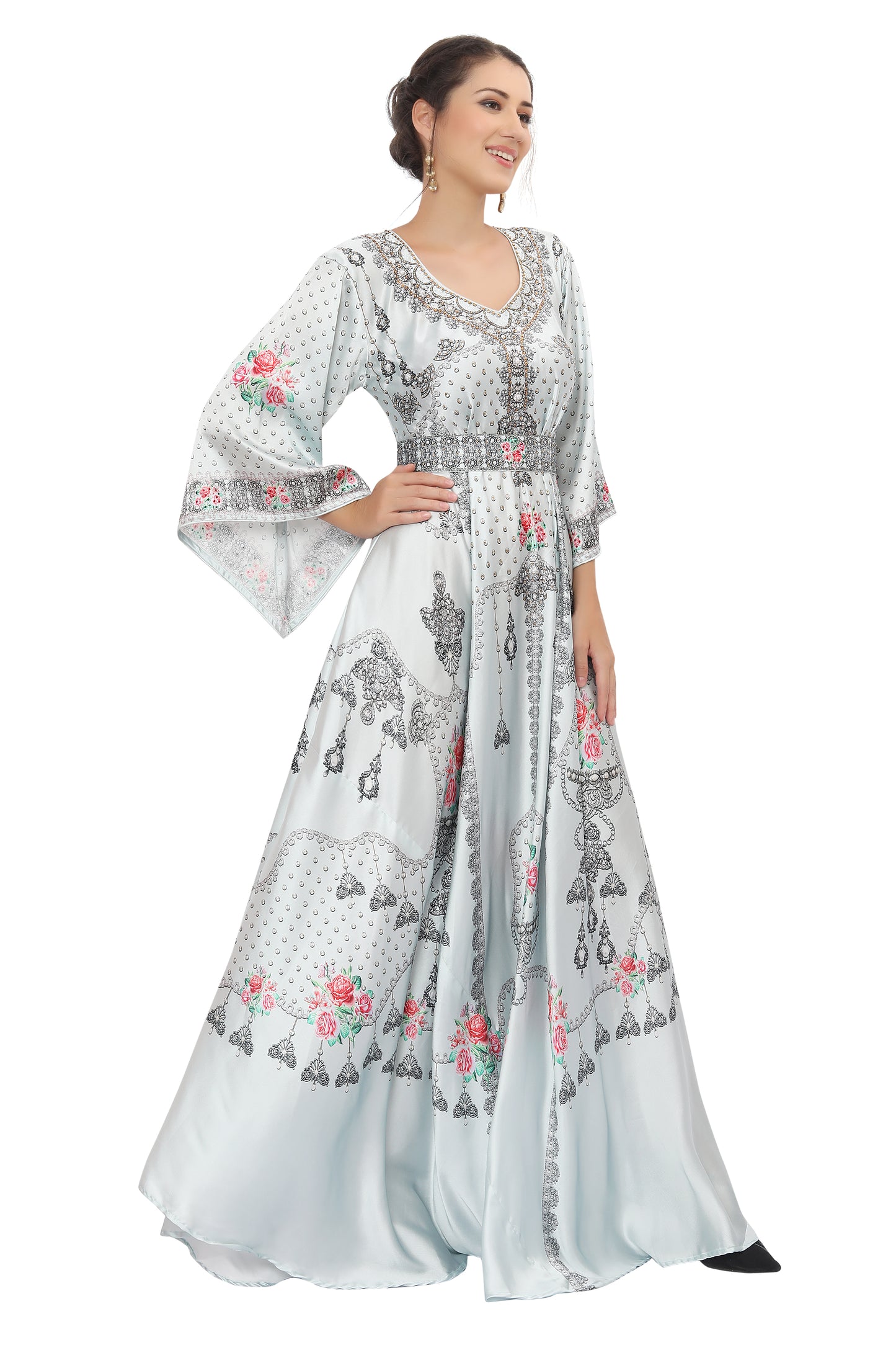 Designer Digital Printed Party Gown With Bell Sleeve