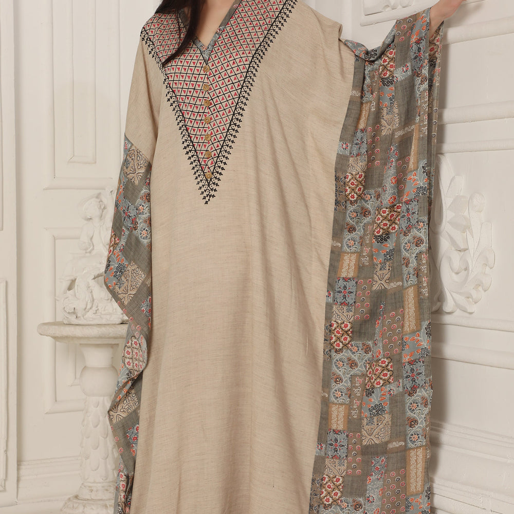 Embroidered neckline Dubai Kaftan Farasha Long Maxi with Digital Print