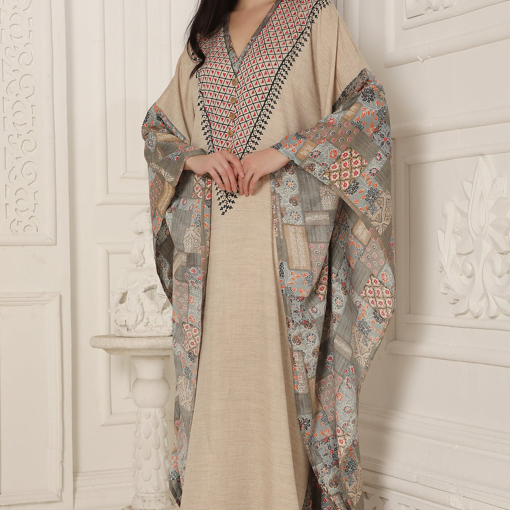 
                  
                    Embroidered neckline Dubai Kaftan Farasha Long Maxi with Digital Print
                  
                