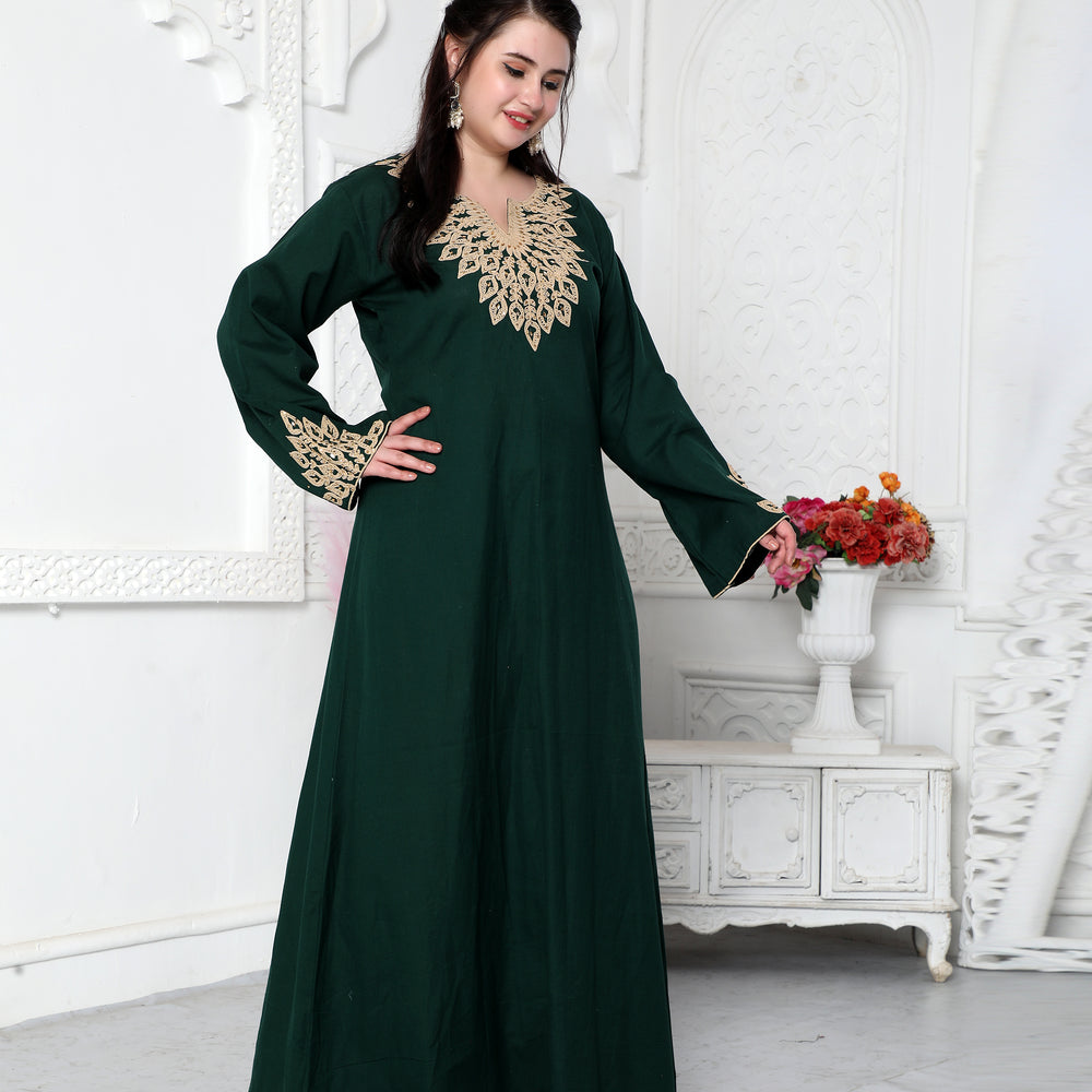 Dori Embroidery Jalabiya In Dark Green in Gold Leaf Pattern