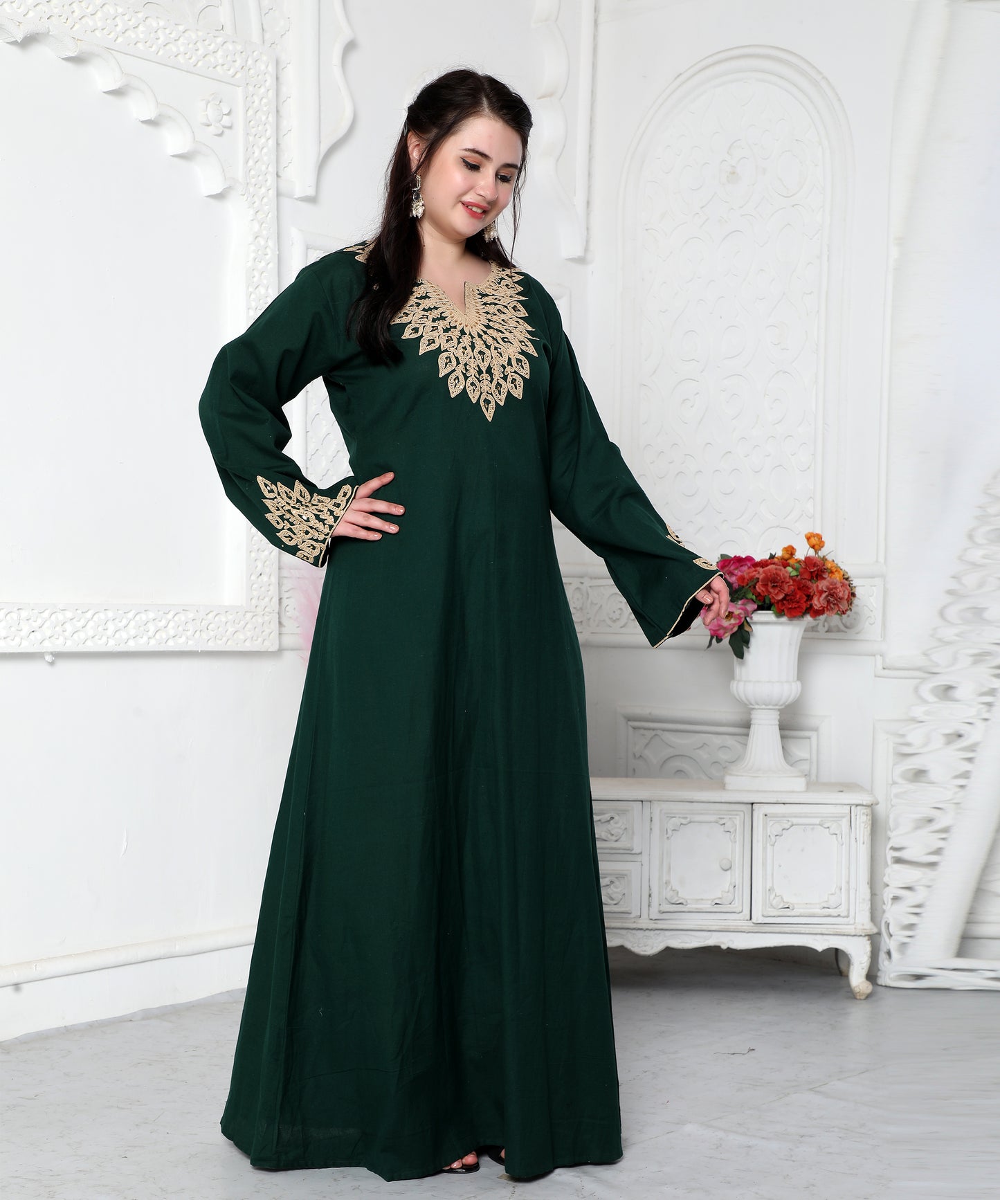 Dori Embroidery Jalabiya In Dark Green in Gold Leaf Pattern