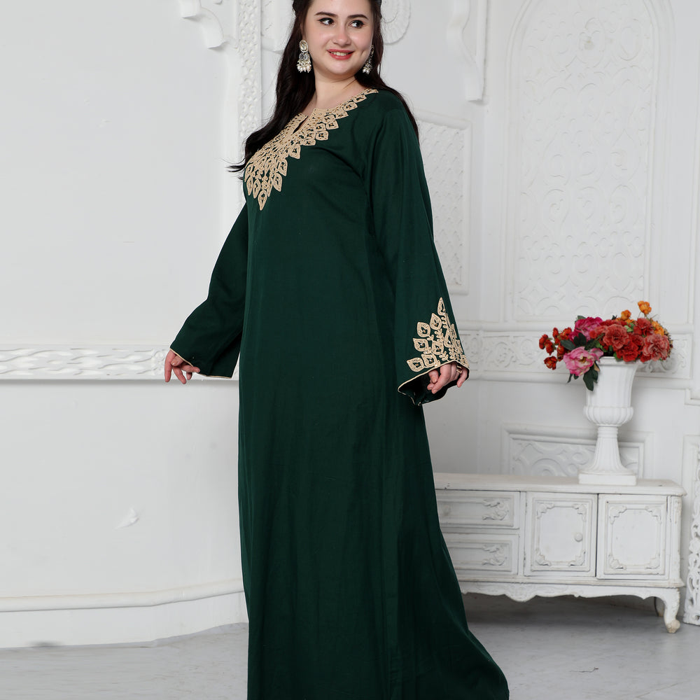 
                  
                    Dori Embroidery Jalabiya In Dark Green in Gold Leaf Pattern
                  
                