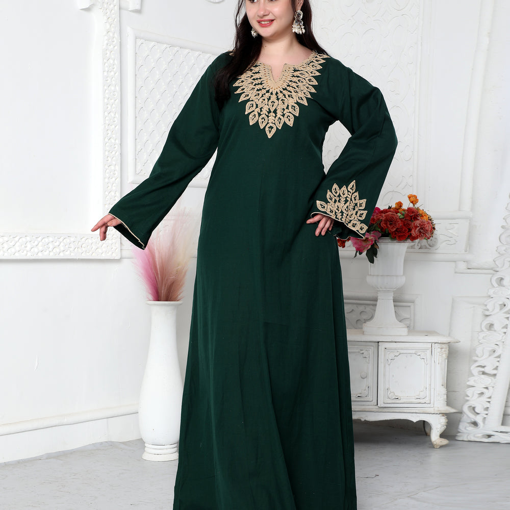 Dori Embroidery Jalabiya In Dark Green in Gold Leaf Pattern