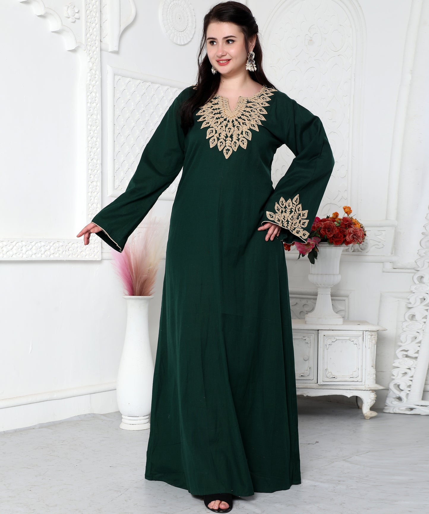 Dori Embroidery Jalabiya In Dark Green in Gold Leaf Pattern