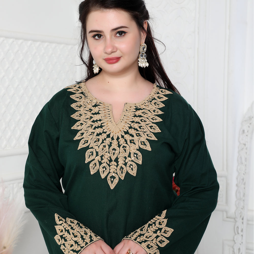 
                  
                    Dori Embroidery Jalabiya In Dark Green in Gold Leaf Pattern
                  
                