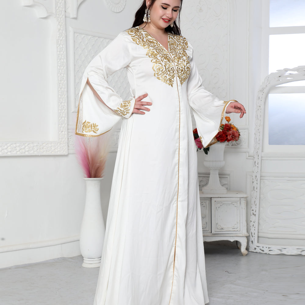 Royal Kaftan Dress In White With Gold Threadwork Embroidery