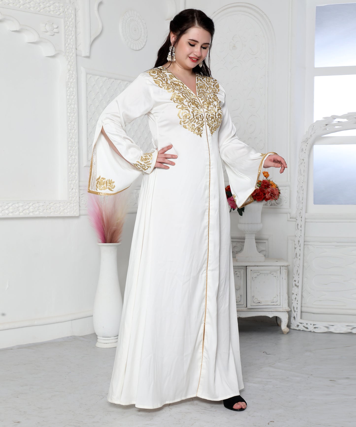 Royal Kaftan Dress In White With Gold Threadwork Embroidery