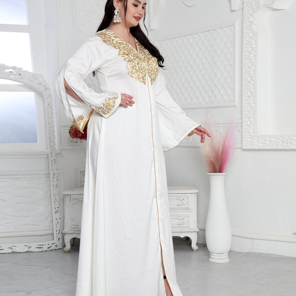 Royal Kaftan Dress In White With Gold Threadwork Embroidery