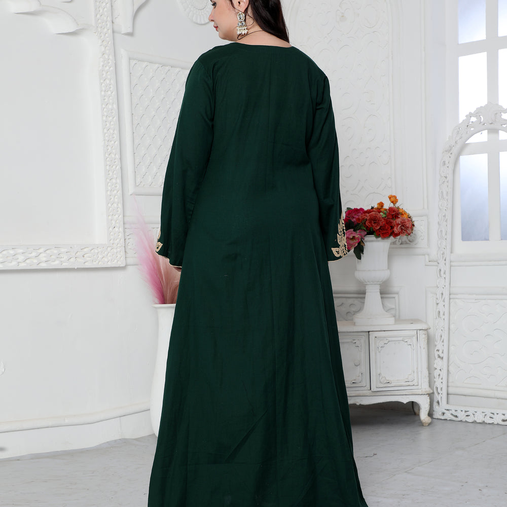 
                  
                    Dori Embroidery Jalabiya In Dark Green in Gold Leaf Pattern
                  
                