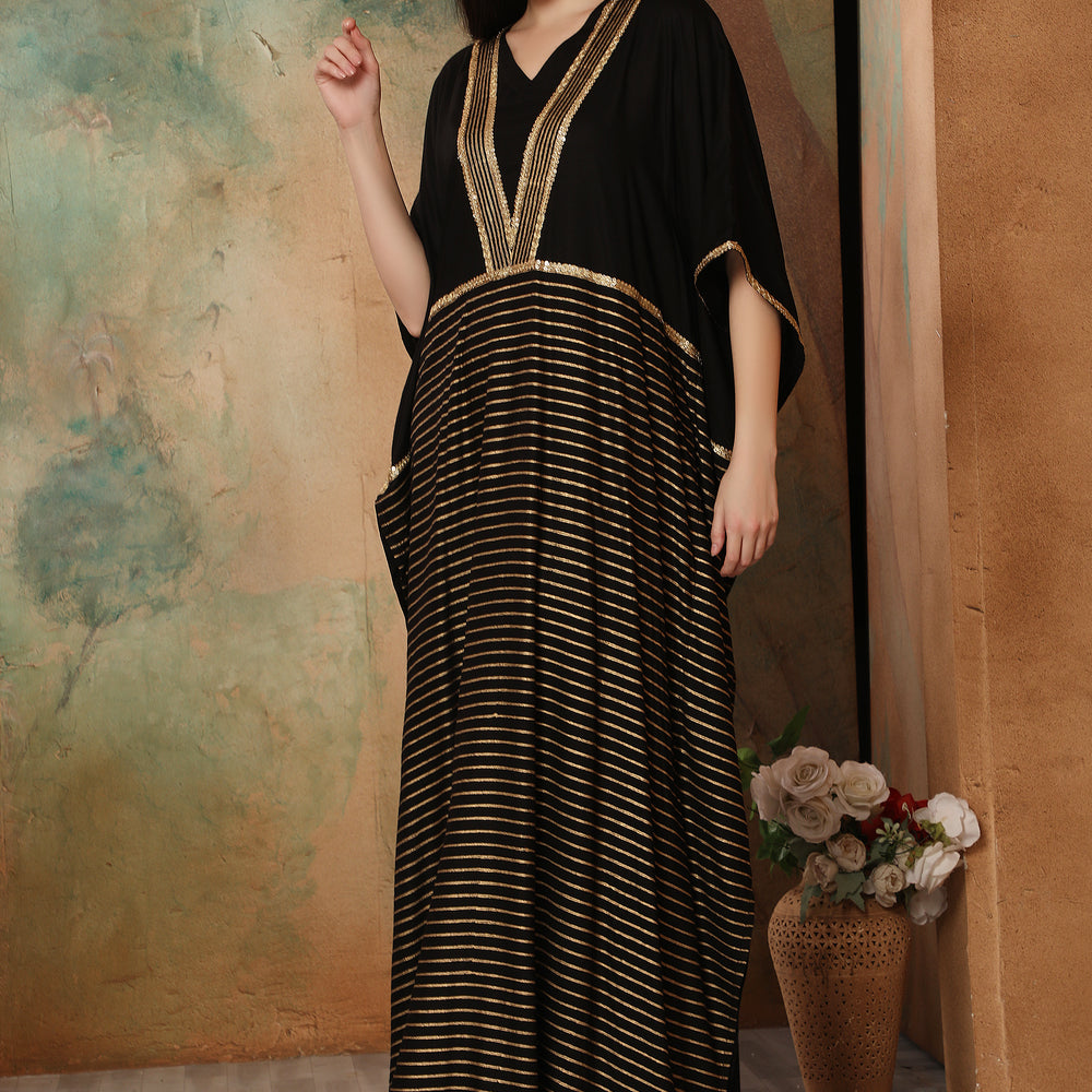 
                  
                    Black Boho Kaftan Dress with Block Print in Gold
                  
                