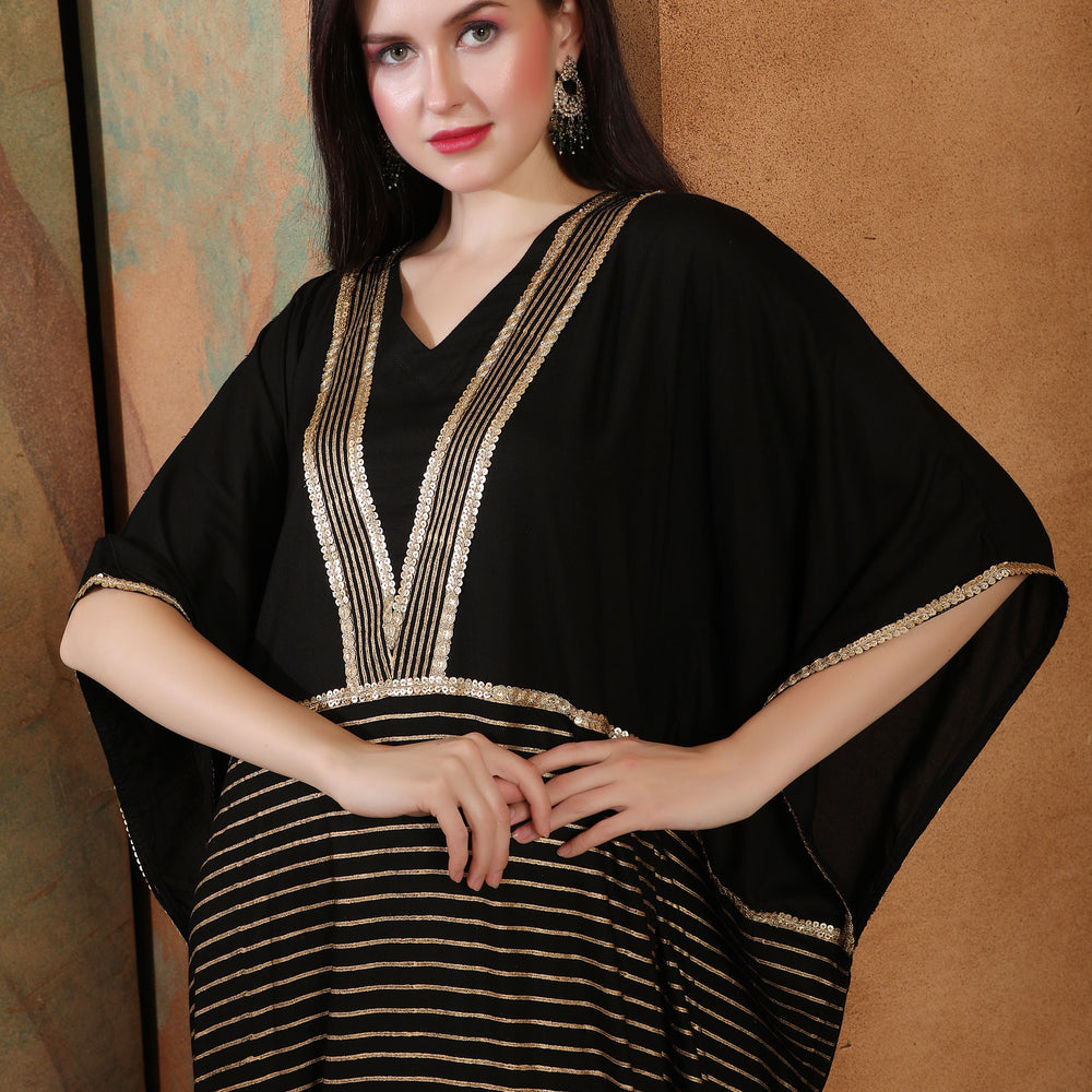 Black Boho Kaftan Dress with Block Print in Gold