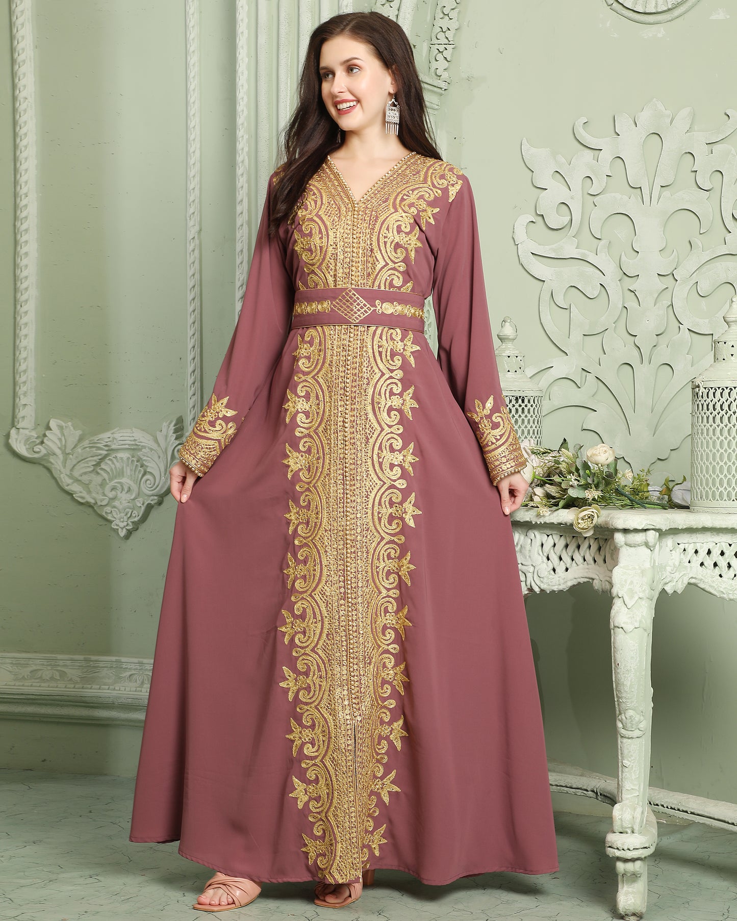 Designer Jalabiya Caftan With Golden Hand Embroidery