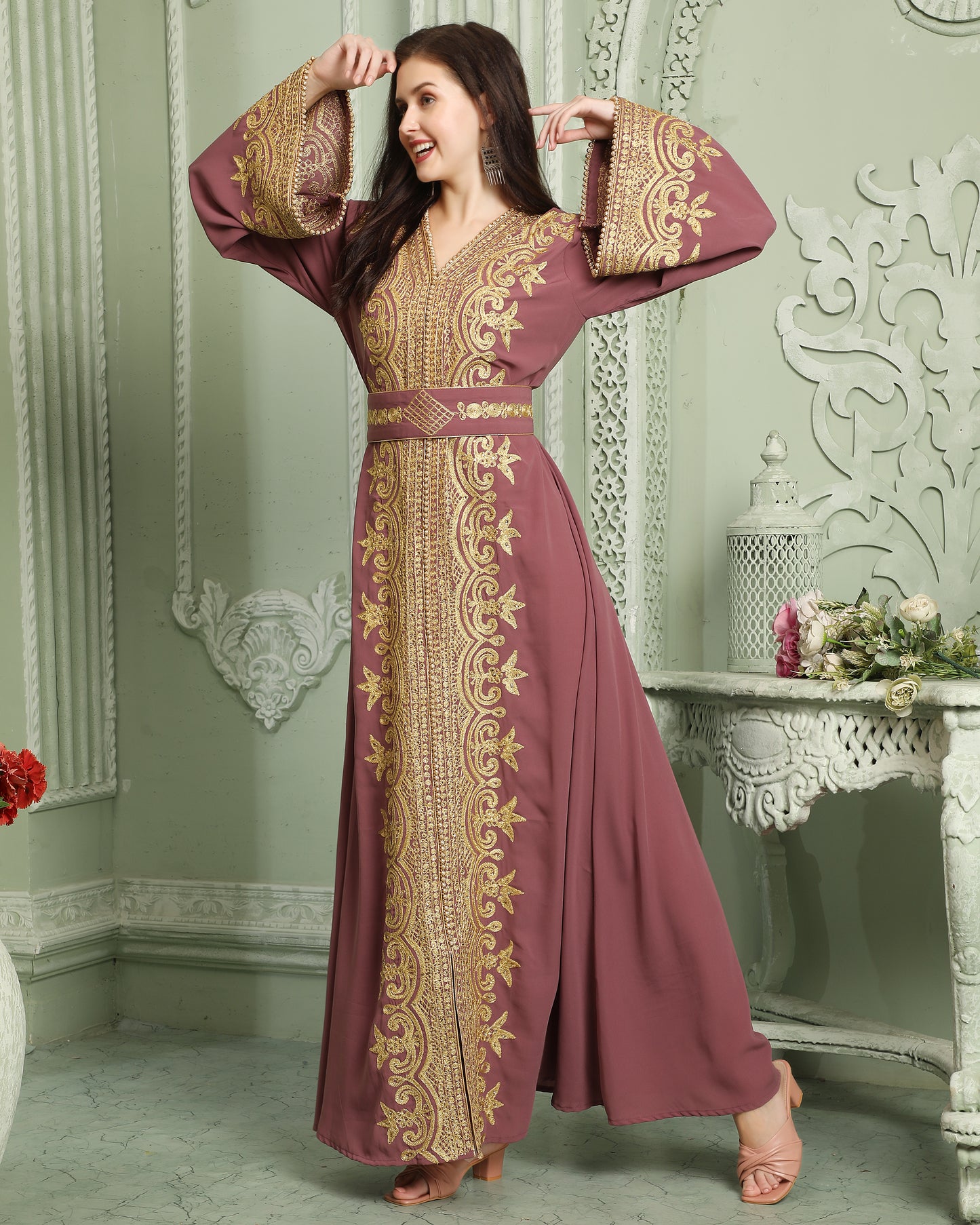 Designer Jalabiya Caftan With Golden Hand Embroidery