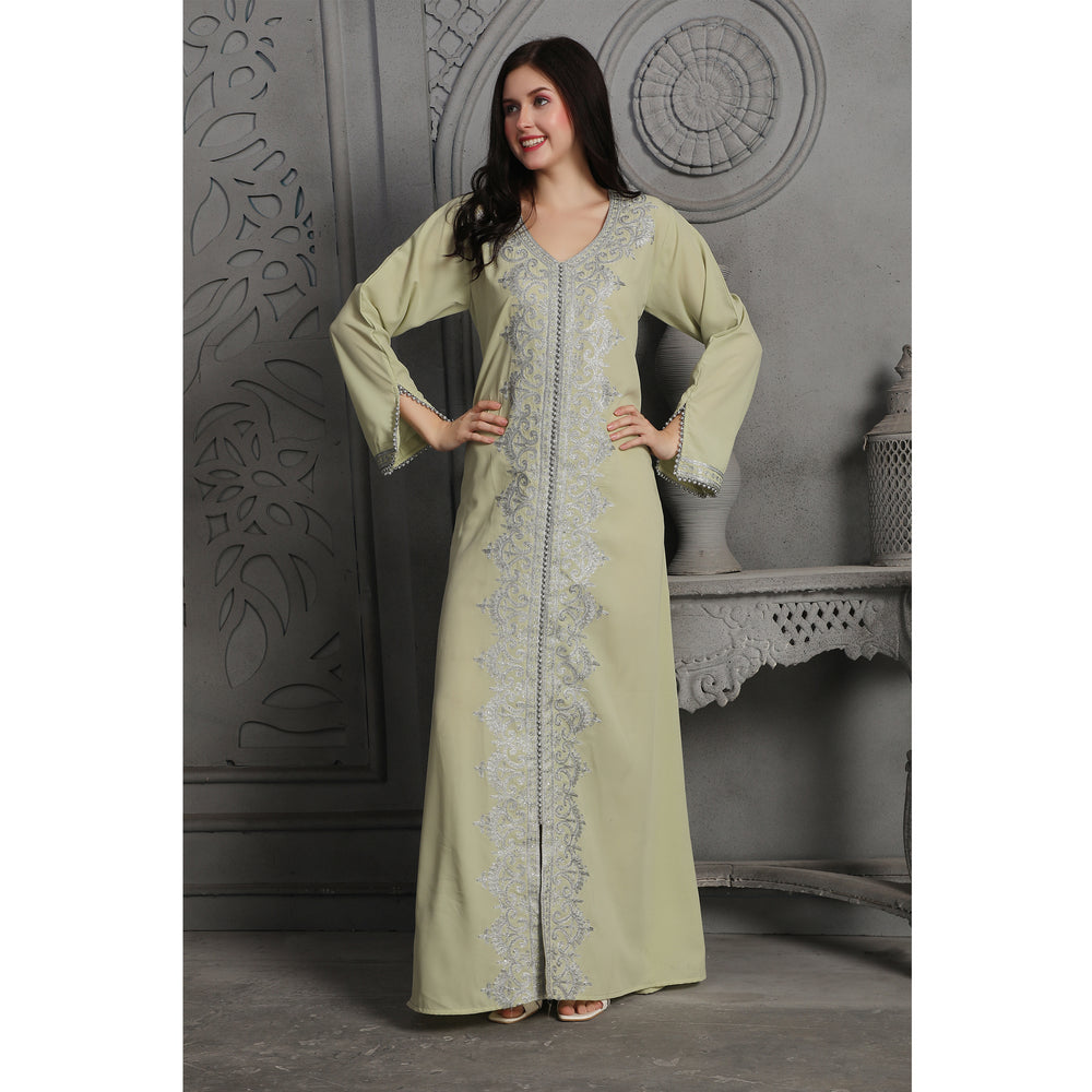 
                  
                    Intricate Silver Embroidery Dubai Kaftan Arabic Dress
                  
                