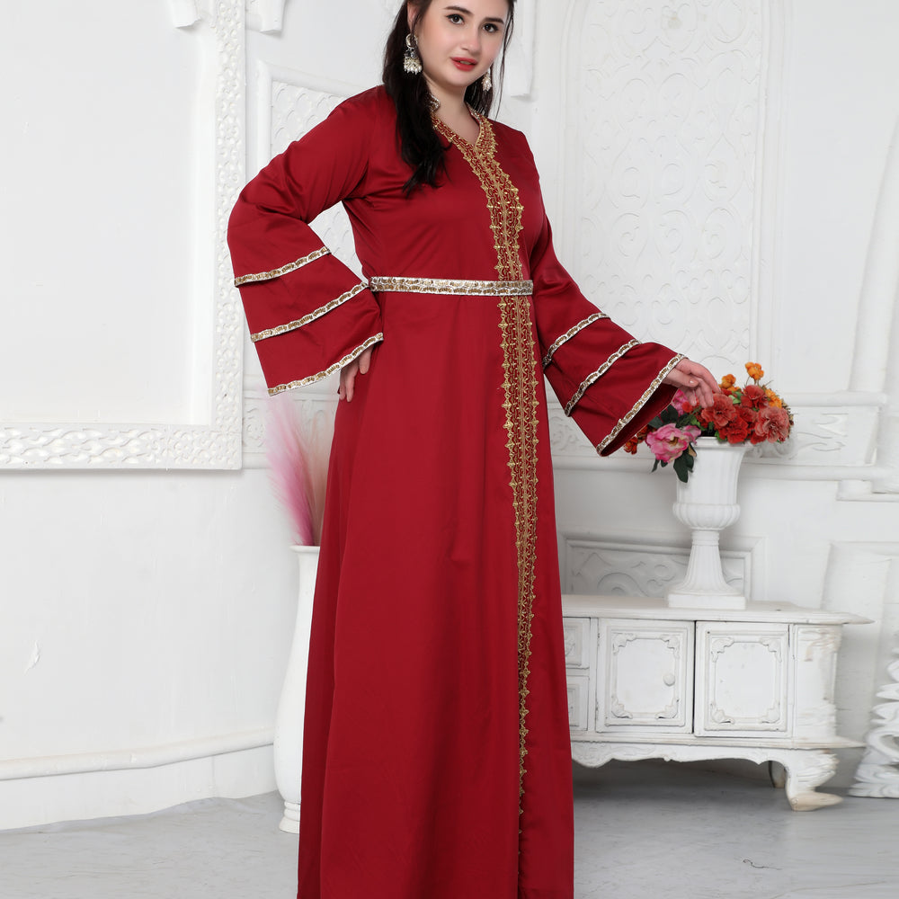Red Jalabiya Kaftan with Gold Embroidery Double Flaired Sleeve