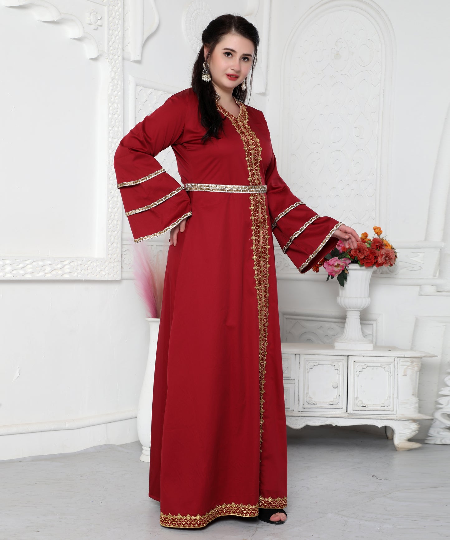 Red Jalabiya Kaftan with Gold Embroidery Double Flaired Sleeve