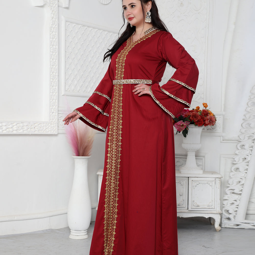 Red Jalabiya Kaftan with Gold Embroidery Double Flaired Sleeve