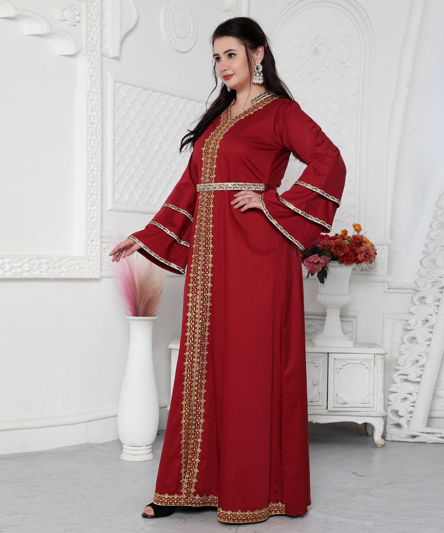 Red Jalabiya Kaftan with Gold Embroidery Double Flaired Sleeve