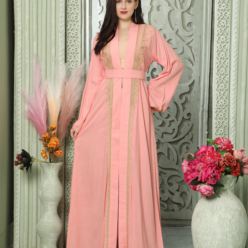 Light Pink Arabic Style Kaftan With Gold Aari Embroidery