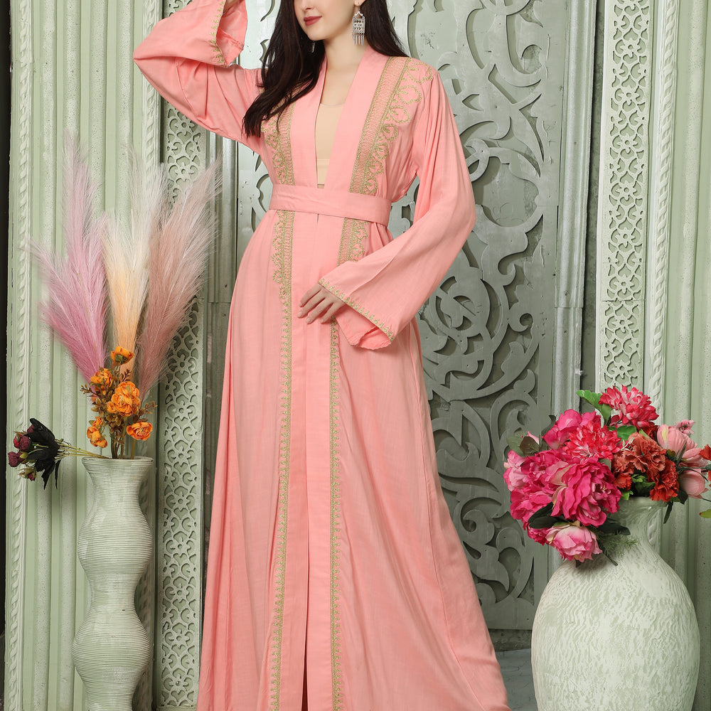 Light Pink Arabic Style Kaftan With Gold Aari Embroidery