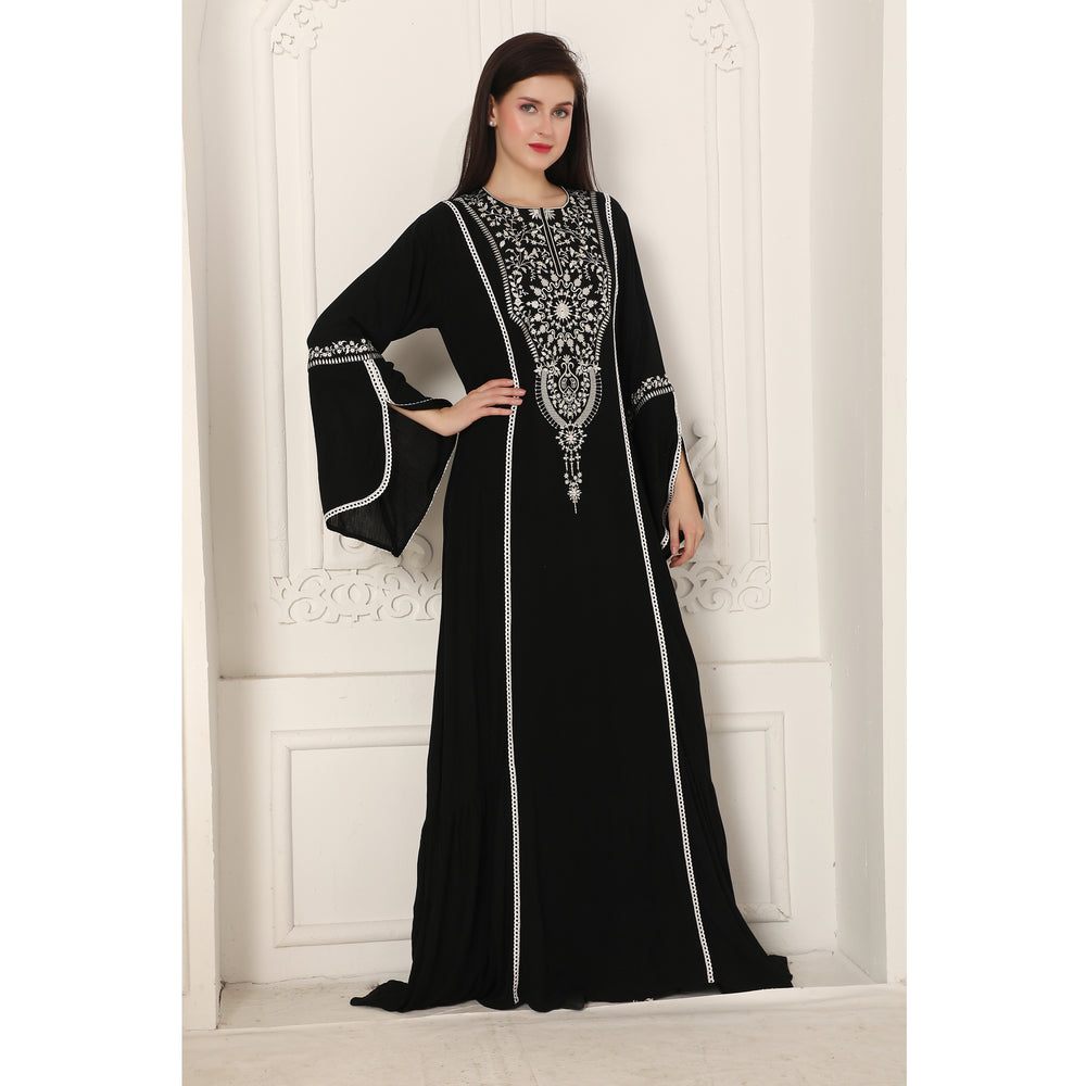 
                  
                    Black Designer Gown with White Floral Embroidery Big Flair Sleeves
                  
                