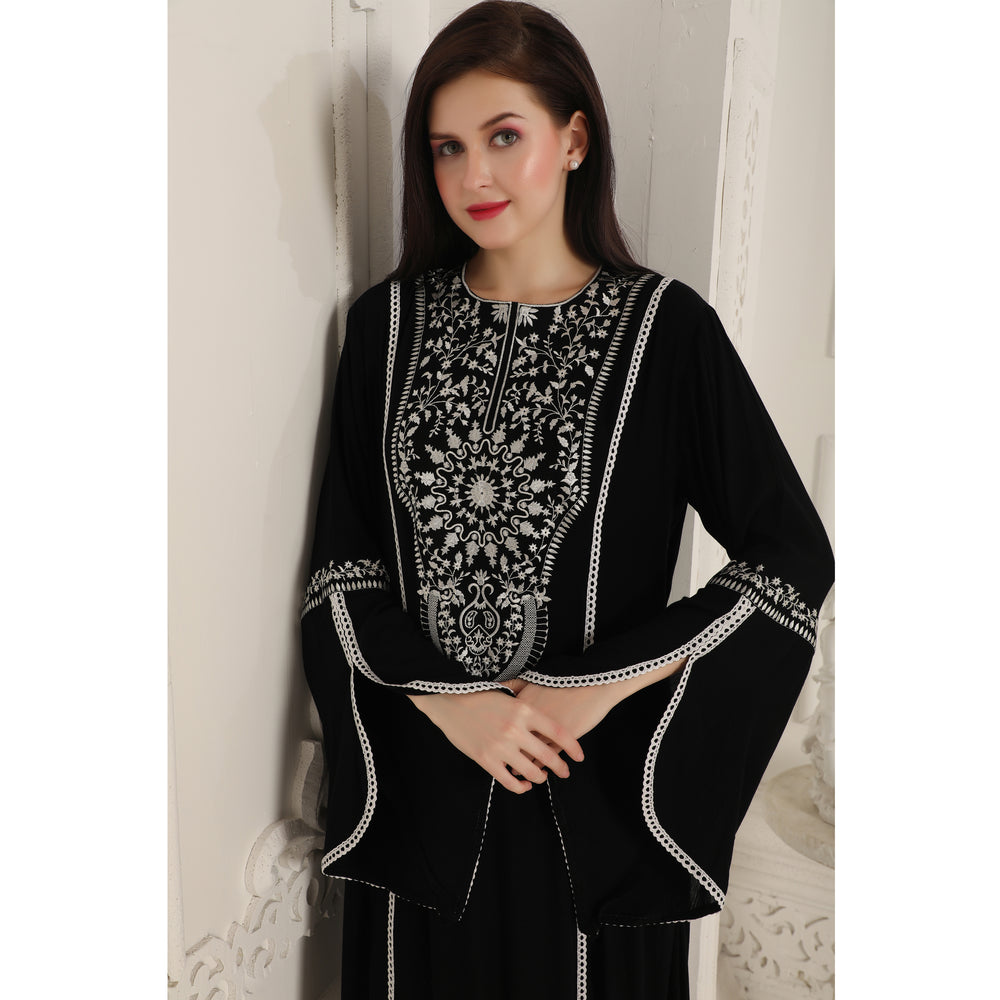 
                  
                    Black Designer Gown with White Floral Embroidery Big Flair Sleeves
                  
                