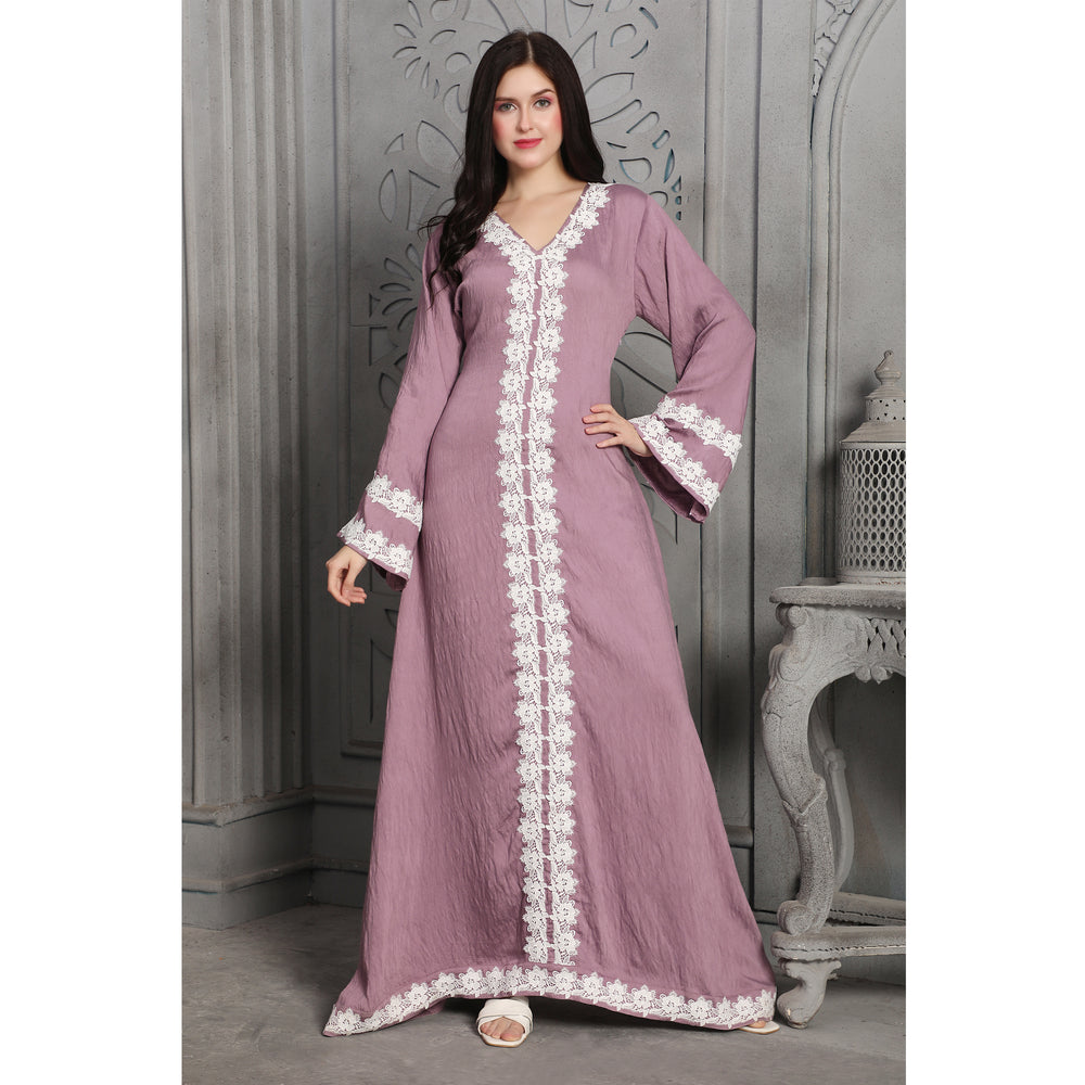 White Lacework Jalabiya Lilac Pink Arabic Style Kaftan