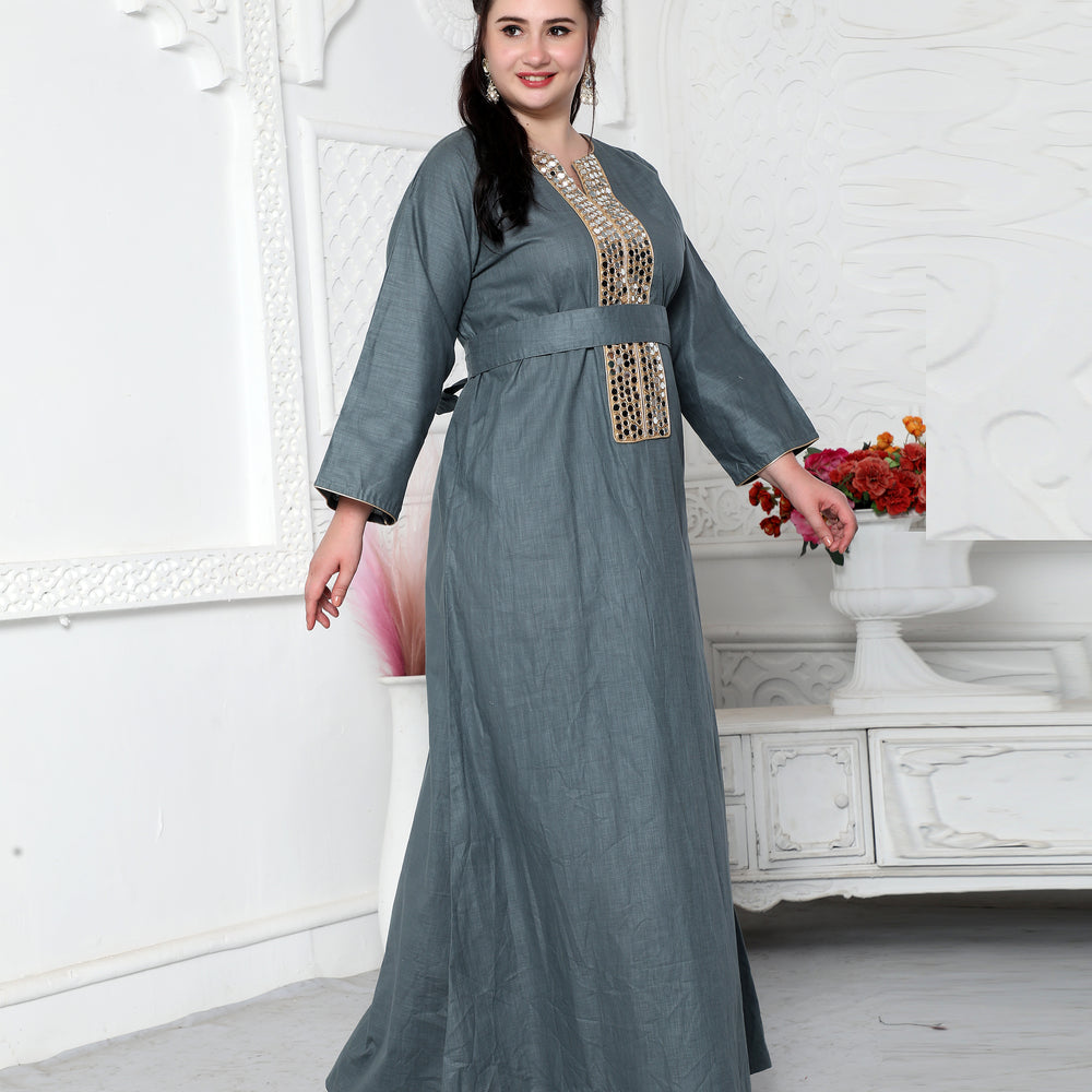 Aabla Work Mirror Finish Jalabiya Kaftan For Women
