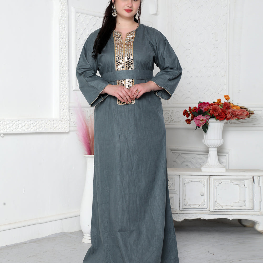 Aabla Work Mirror Finish Jalabiya Kaftan For Women