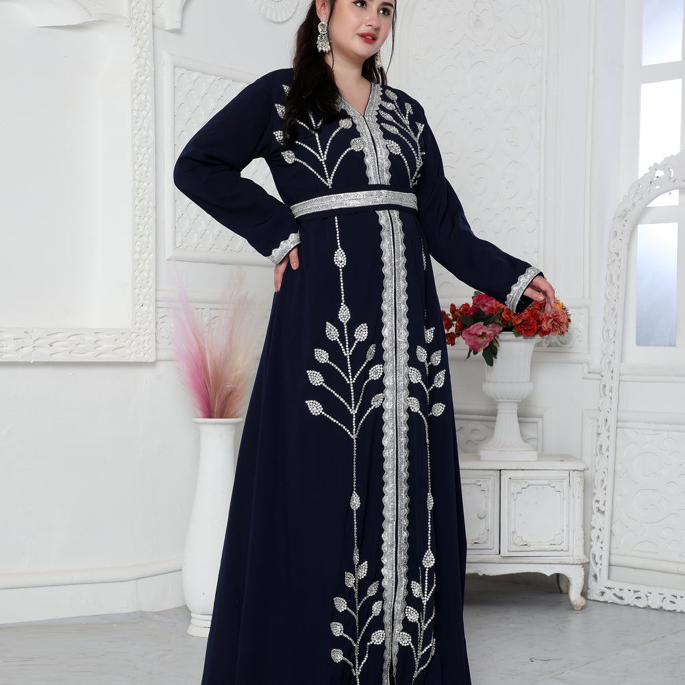 Navy Blue Kaftan With Hand Embroidery And Cut Dana