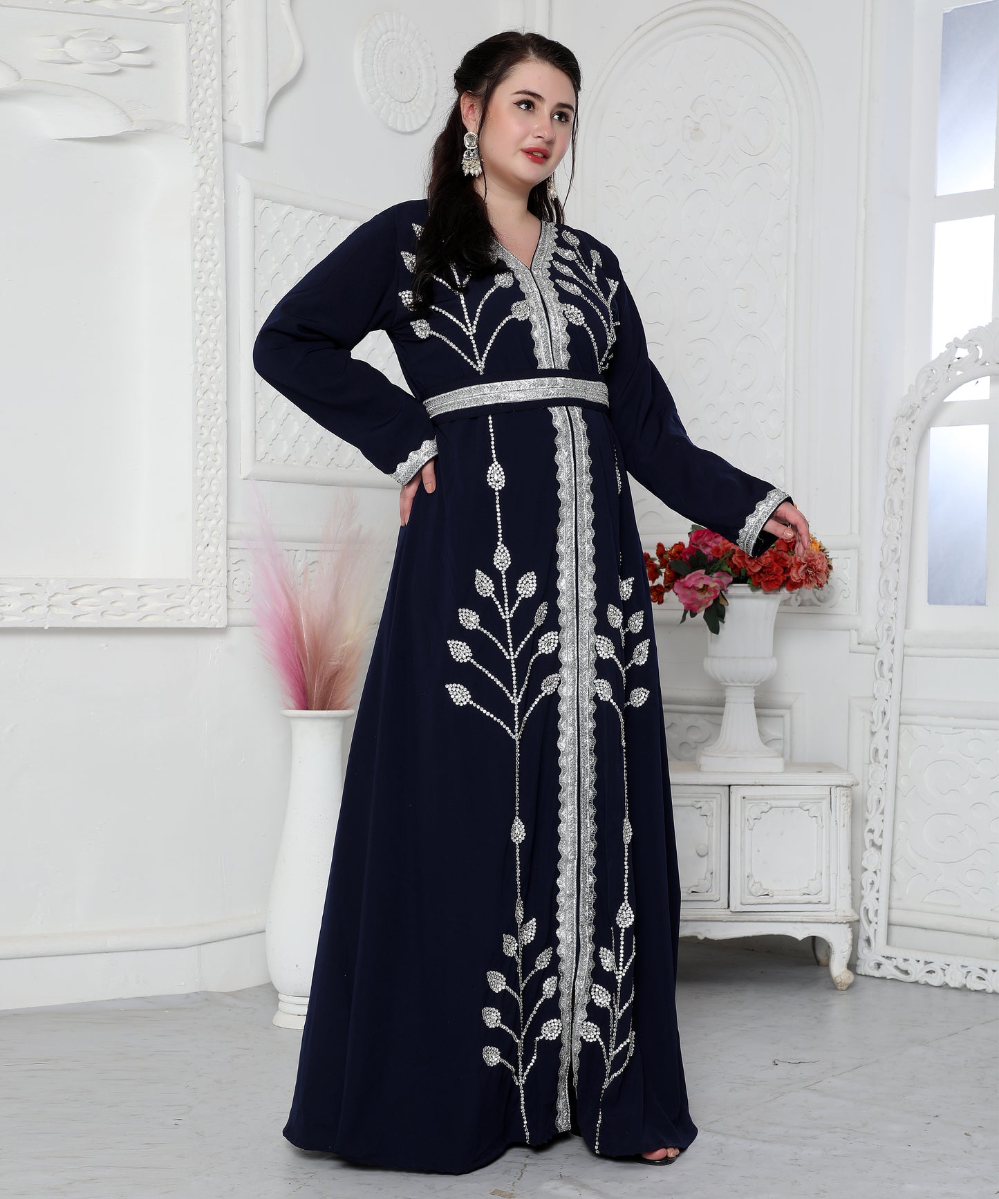 Navy Blue Kaftan With Hand Embroidery And Cut Dana