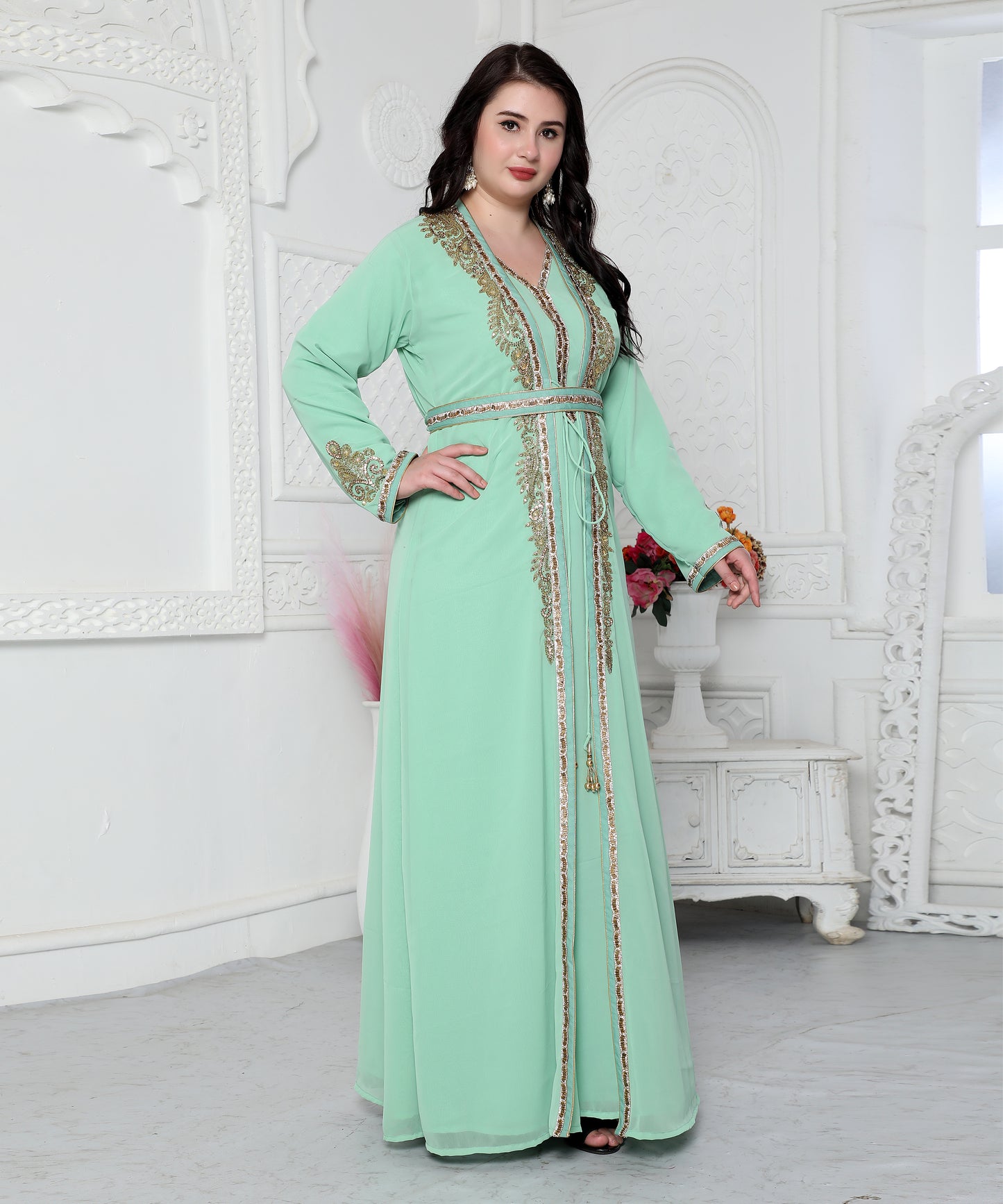 Arabic Style Kaftan With Crystal Hand Embroidery