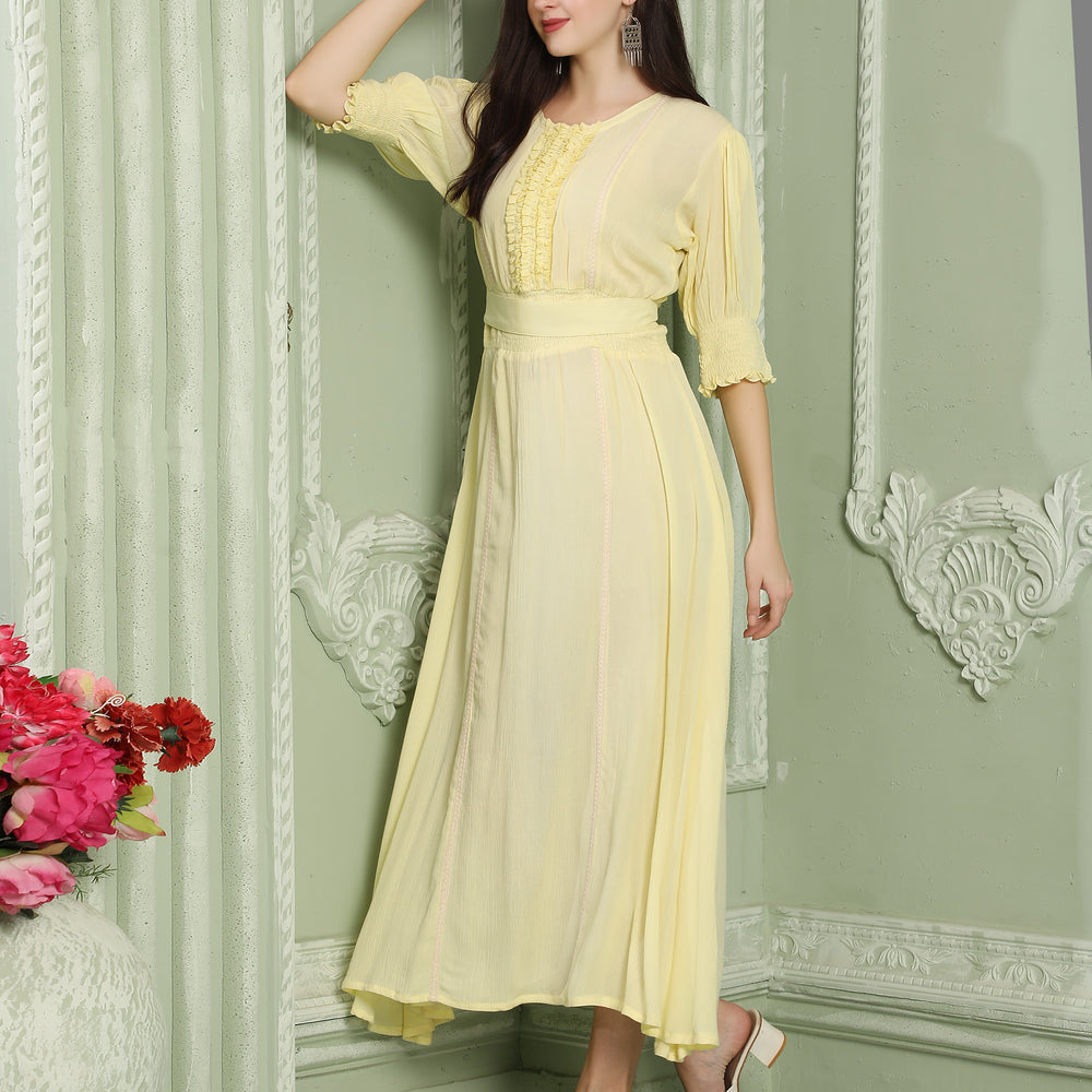 Smocked Style A-Line Partywear Yellow Dress