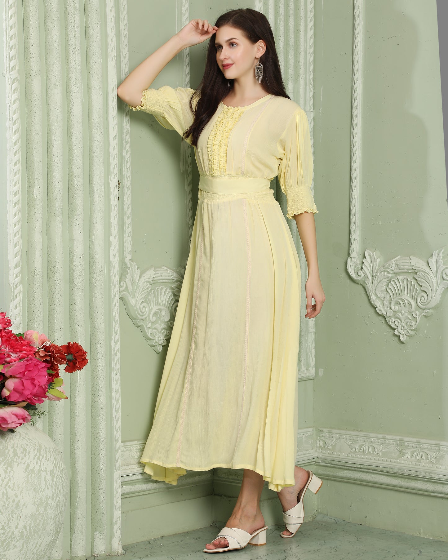 Smocked Style A-Line Partywear Yellow Dress