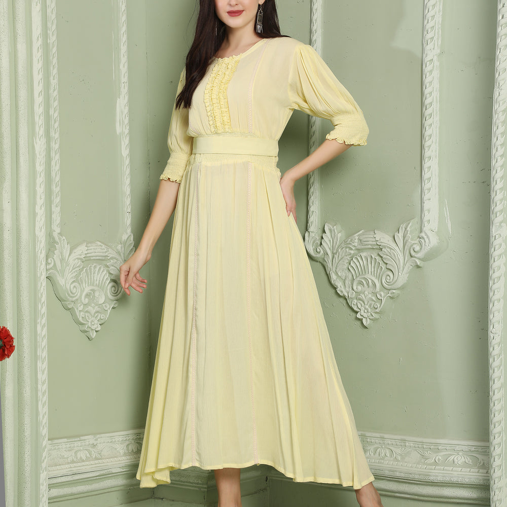 Smocked Style A-Line Partywear Yellow Dress