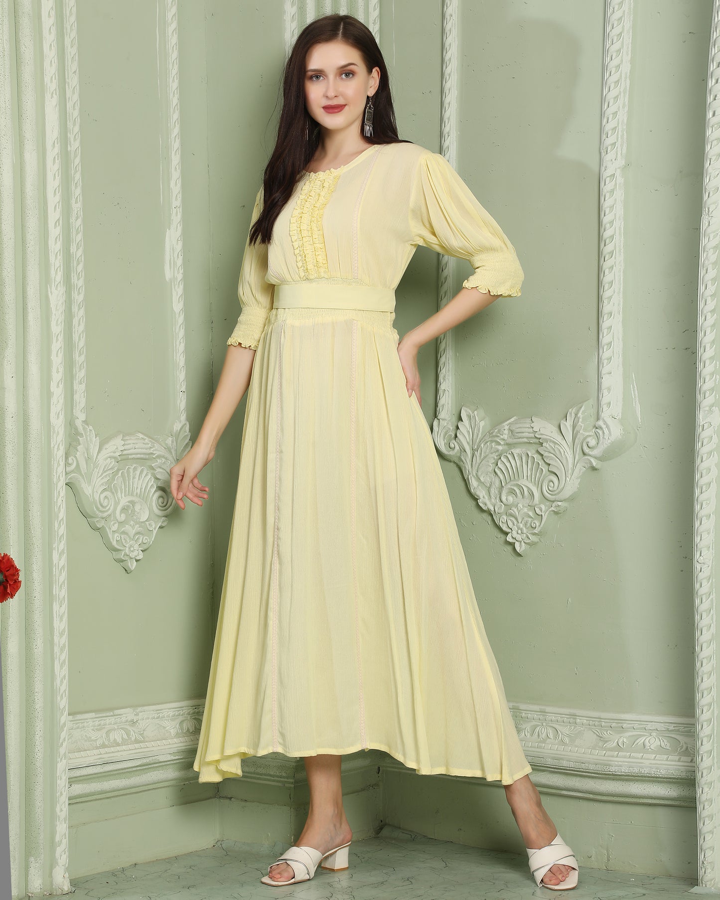 Smocked Style A-Line Partywear Yellow Dress