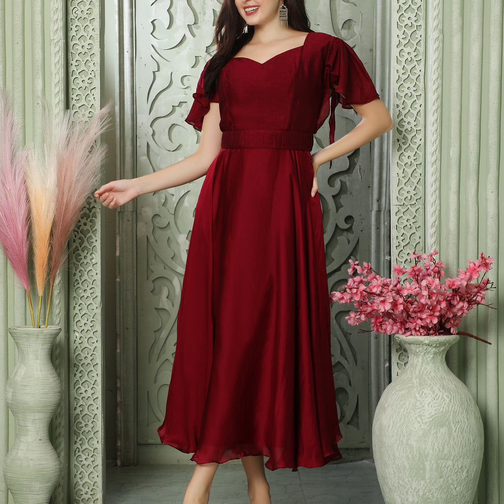 Cherry Red Partywear Heart Neck Dress