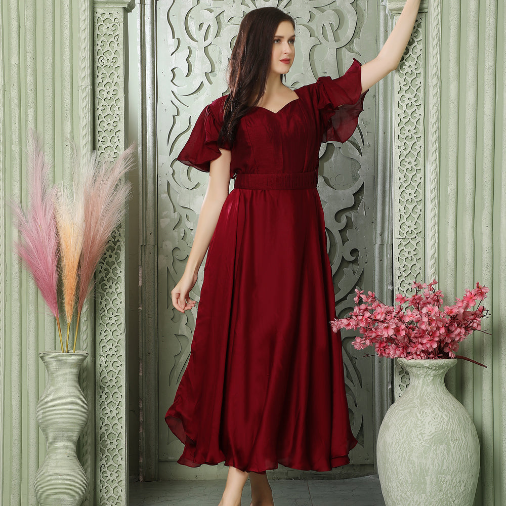 Cherry Red Partywear Heart Neck Dress